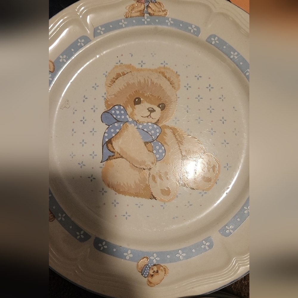 9" Tienshan Theodore Bear Plates Set of 2 - Teddy Bear Stoneware Dinnerware
